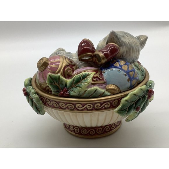 Fitz and Floyd Cat with Ornaments Candy Dish - Picture 5 of 11